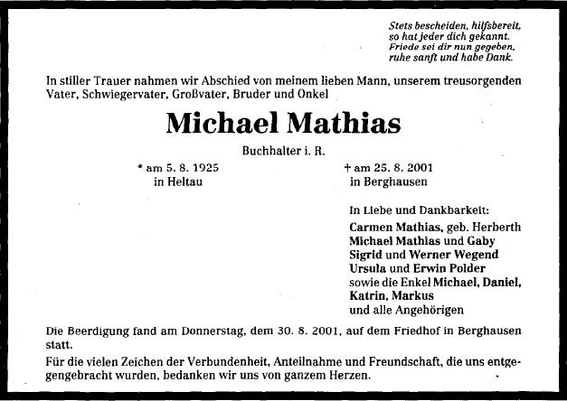 Mathias Michael 1925-2001 Todesanzeige